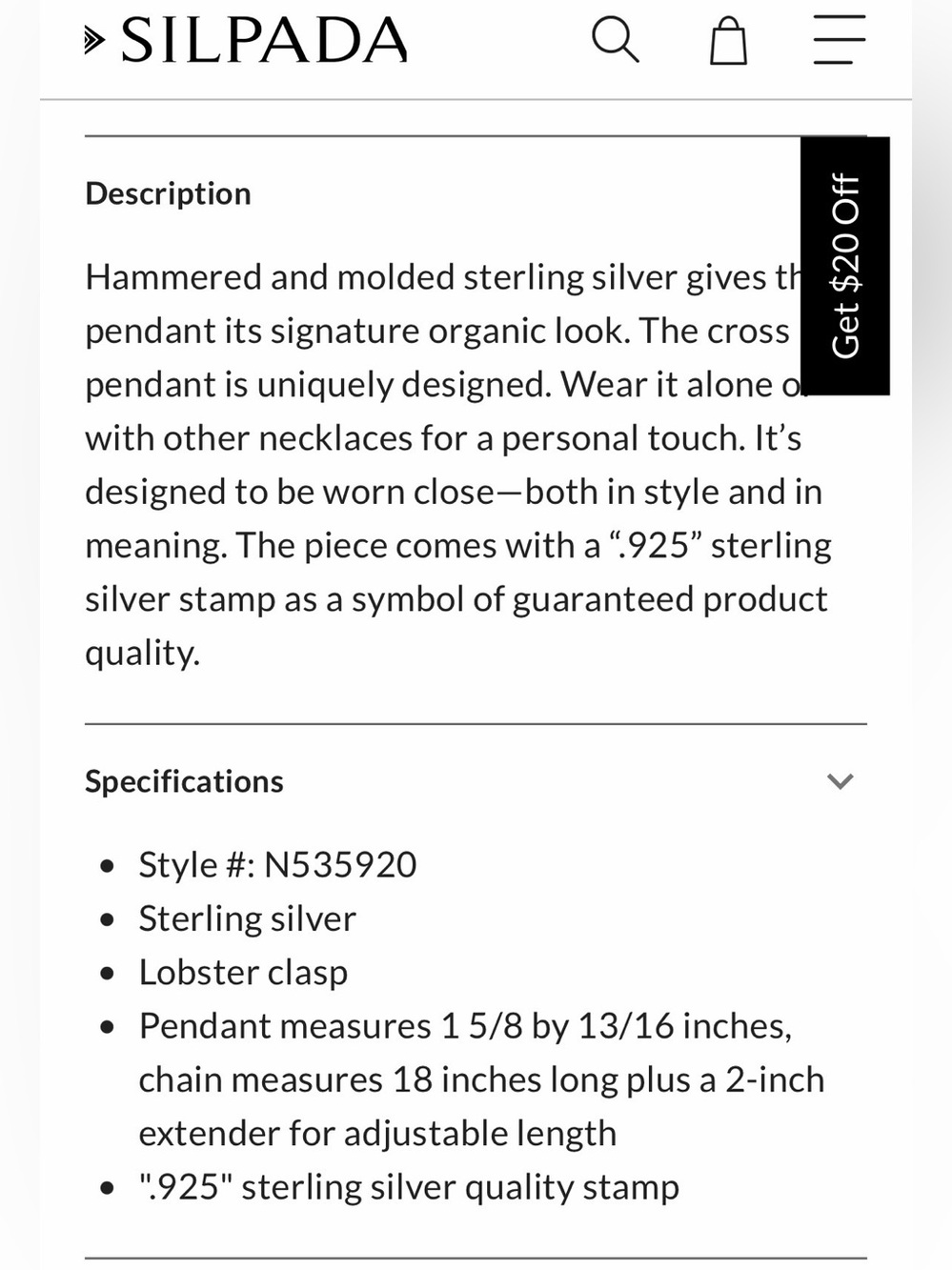 Silpada Silver Twig Cross Pendant Necklace - Picture 8 of 8